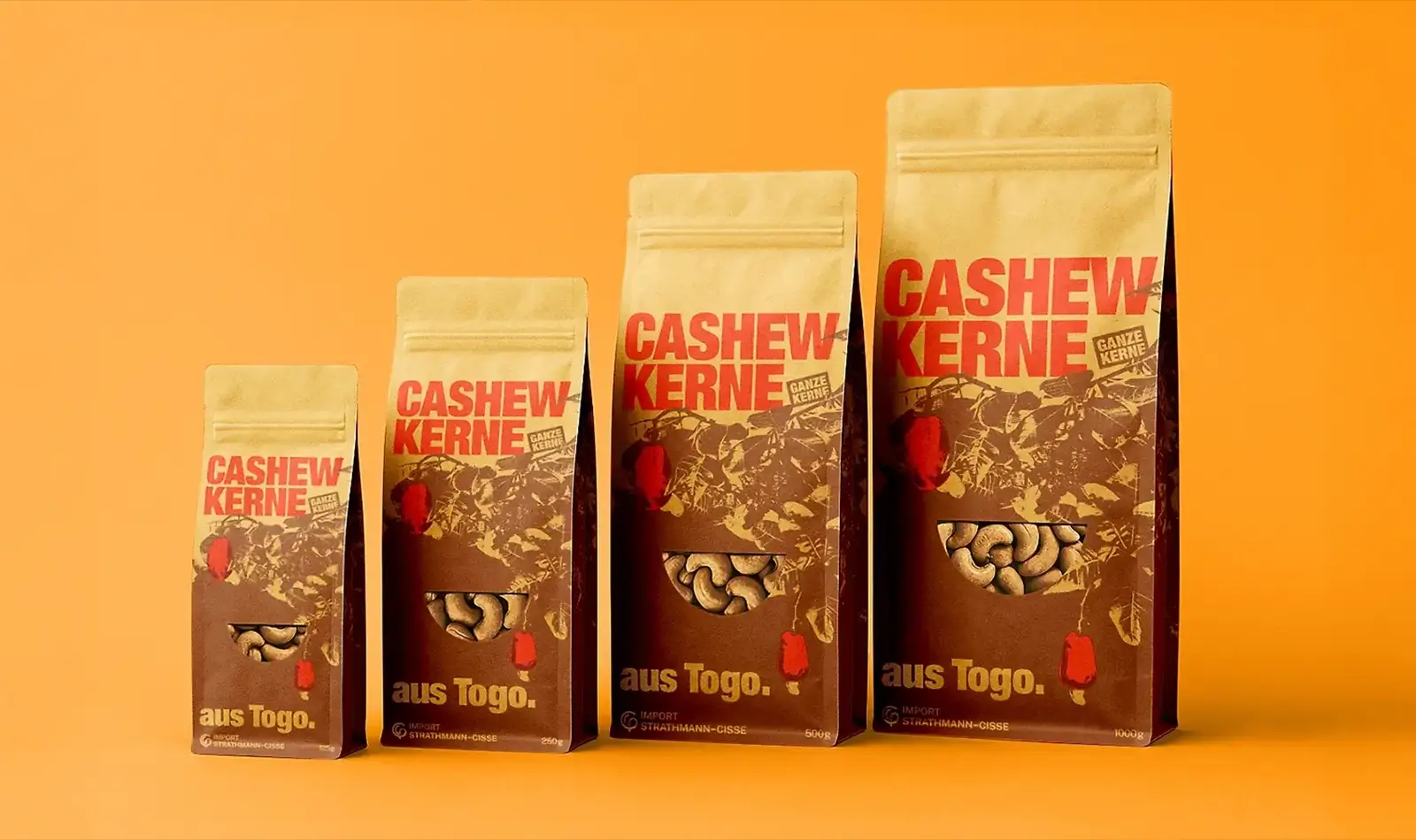 Verpackungsdesign für Cashewkerne aus Togo – nachhaltiges Packaging Design von Studio Radke für Import Strathmann-Cissé