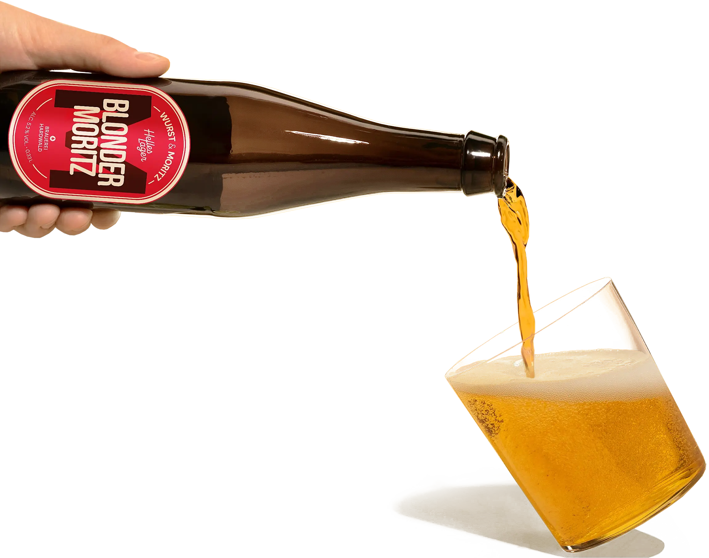 Blonder Moritz Bier wird eingeschenkt – Produktdesign und Bieretikett für Wurst und Moritz Zürich
