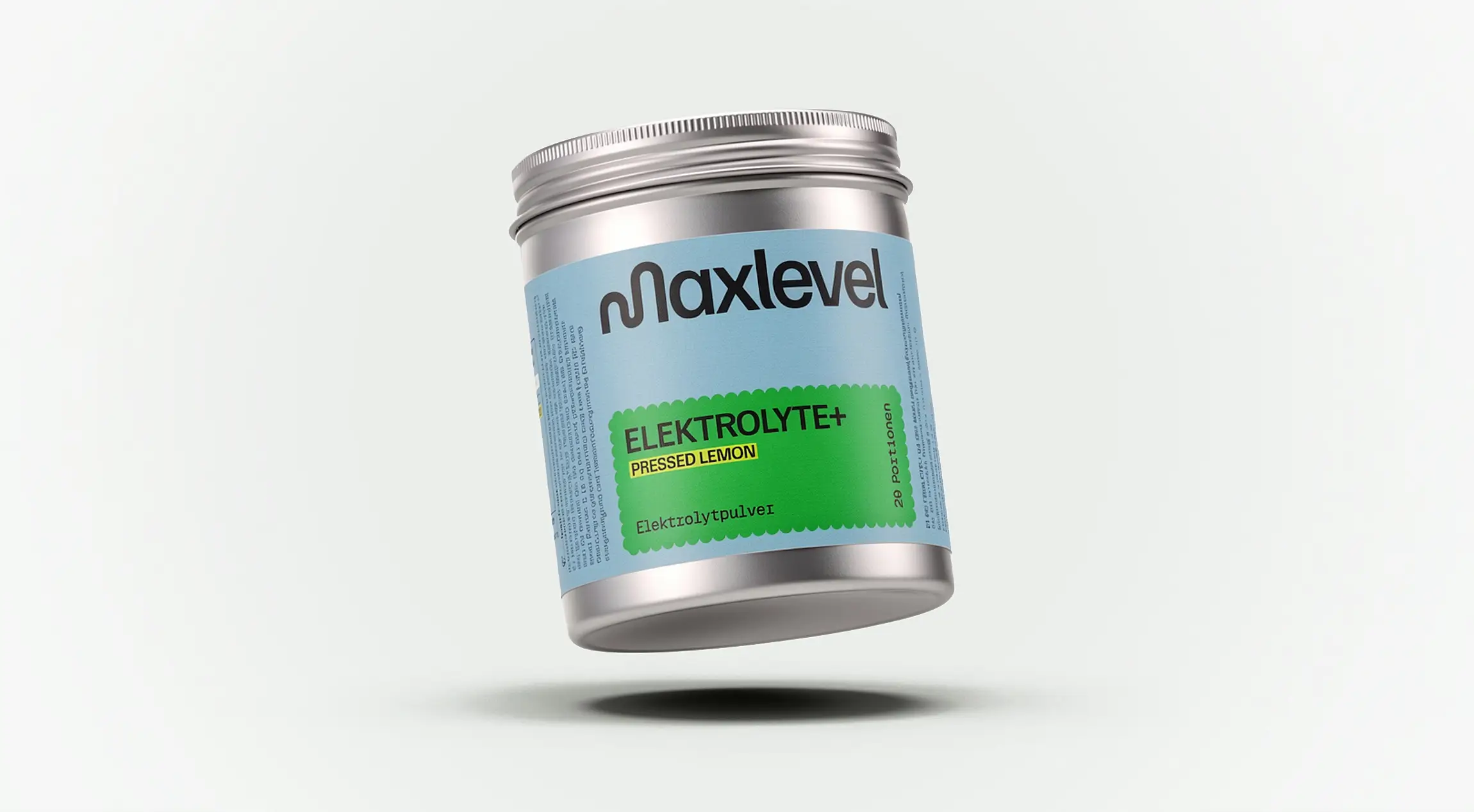 Packaging Design für Maxlevel ELEKTROLYTE+ Elektrolytpulver in Aluminiumdose mit typografischer Etikette und modernem Branding