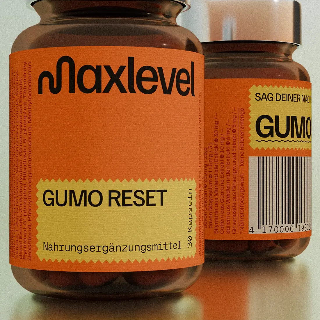 Detailaufnahme des Maxlevel GUMO RESET Verpackungsdesigns mit typografischem Supplement Label und orangefarbener Brand Identity