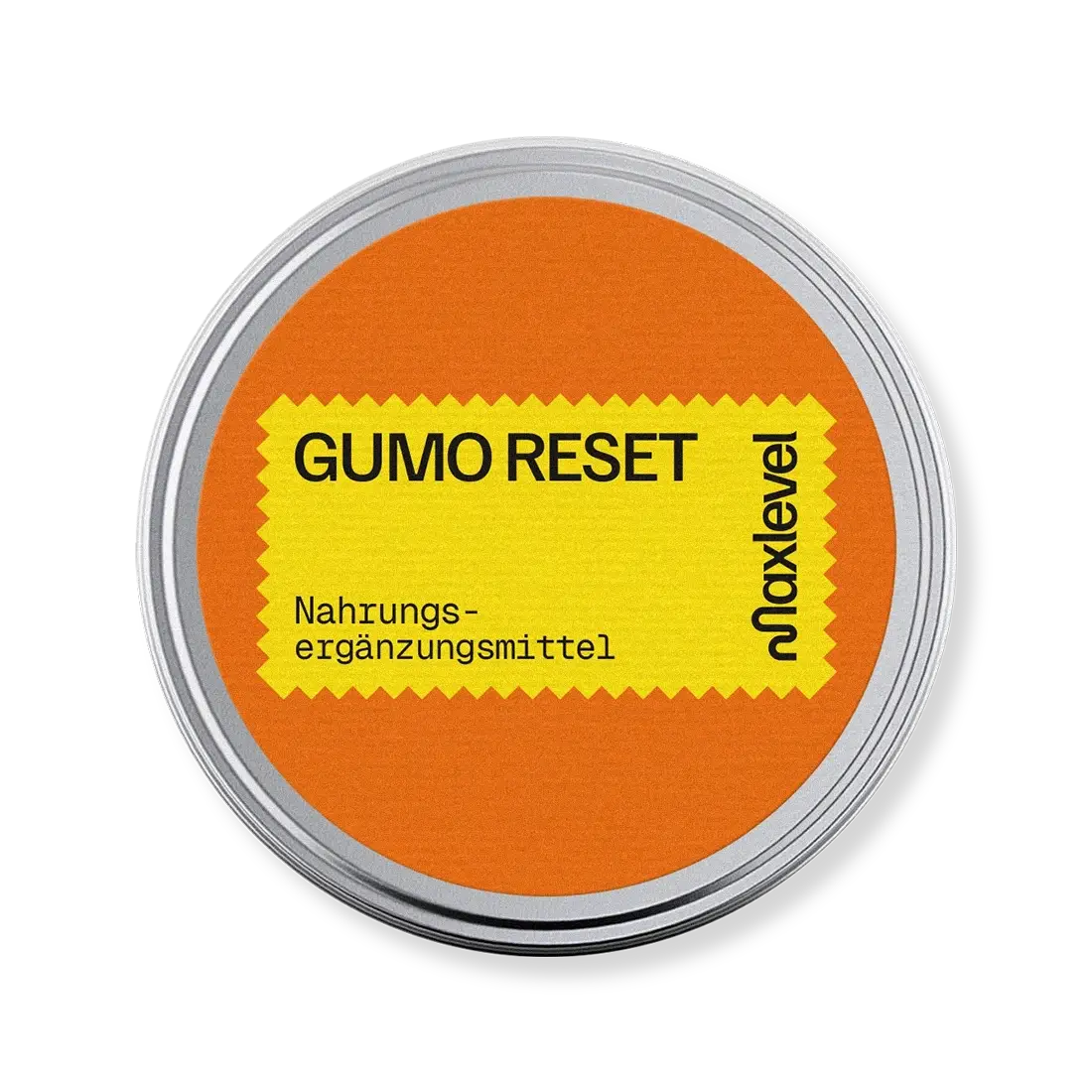 Deckeldesign der Maxlevel GUMO RESET Aluminiumdose mit typografischem Label für Nahrungsergänzungsmittel