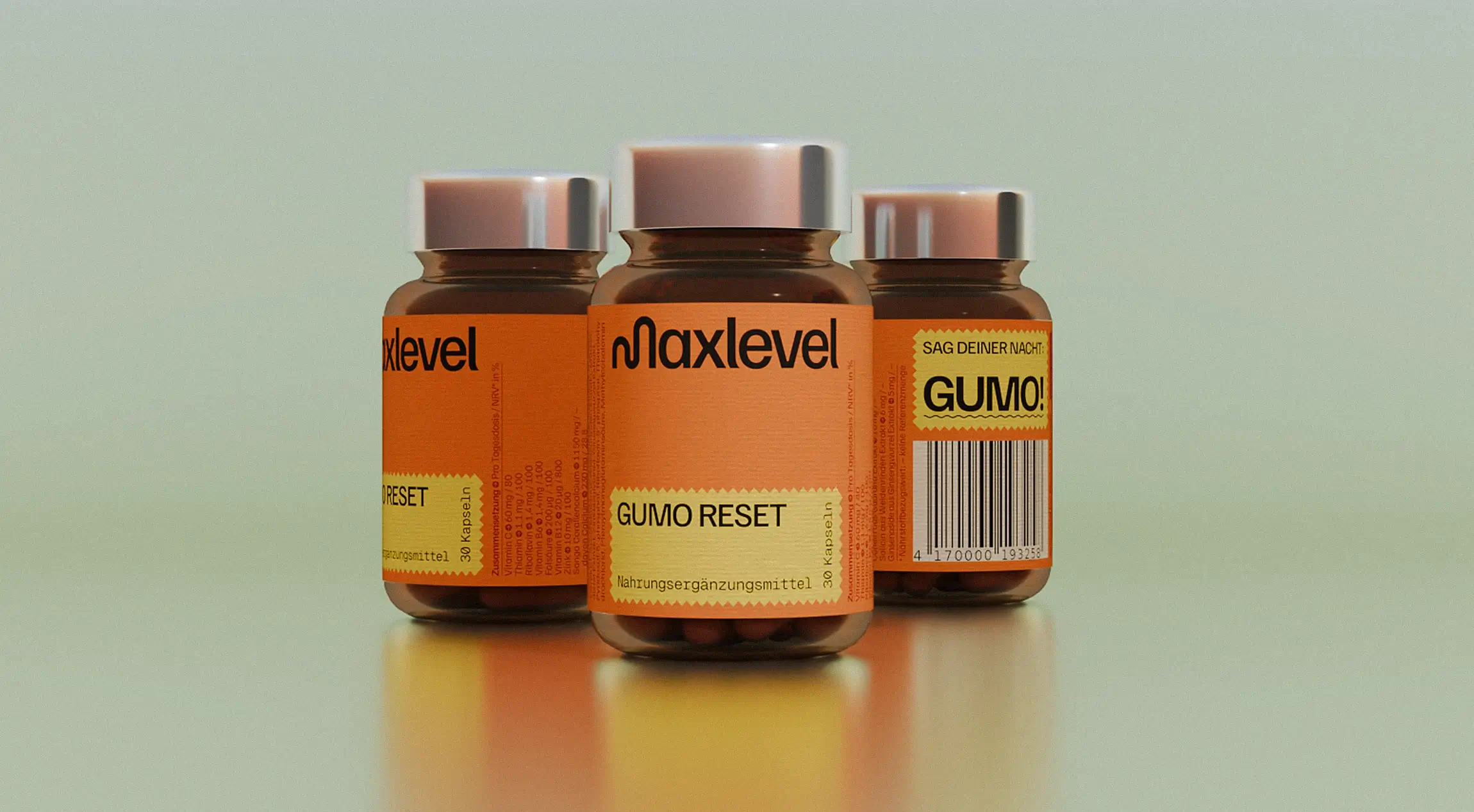 Produktdesign für Maxlevel GUMO RESET Nahrungsergänzungsmittel mit orangefarbener Verpackung und typografischem Labelsystem