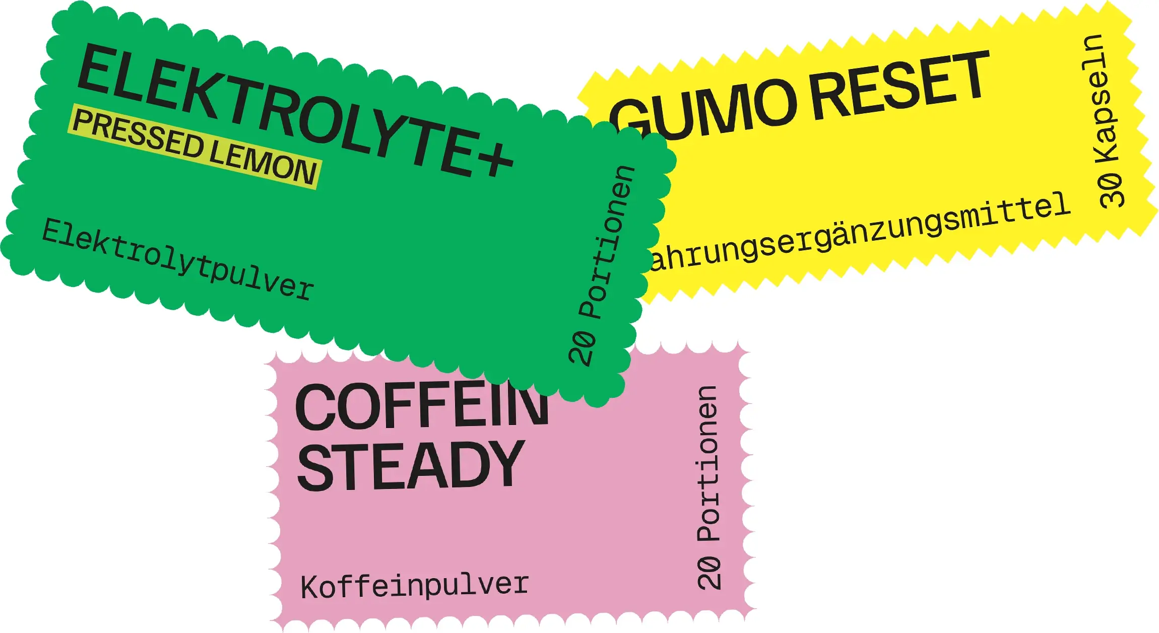 Verpackungsdesign der Maxlevel Produktreihe mit GUMO RESET, ELEKTROLYTE+ und COFFEIN STEADY für moderne Nahrungsergänzungsmittel
